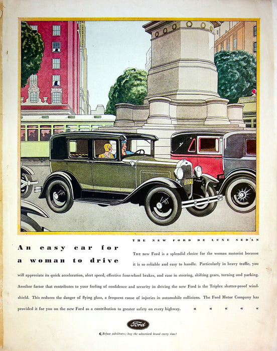 1930s Ford De Luxe Sedan Print Ad An easy car for a woman to drive