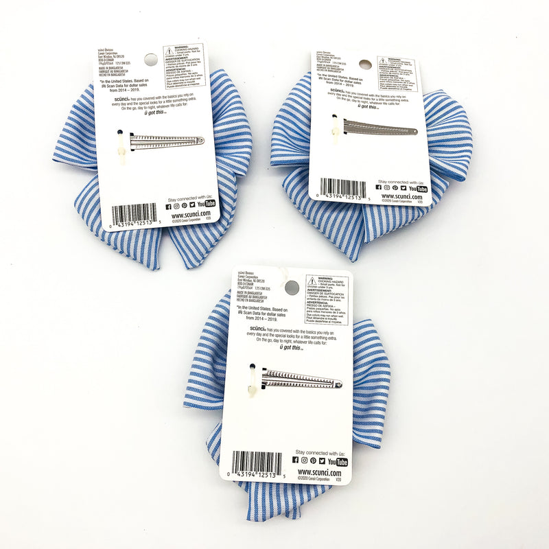 3-Piece Scunci Bow Hair Clip Blue Striped Lightweight Large Summer Wear 12513