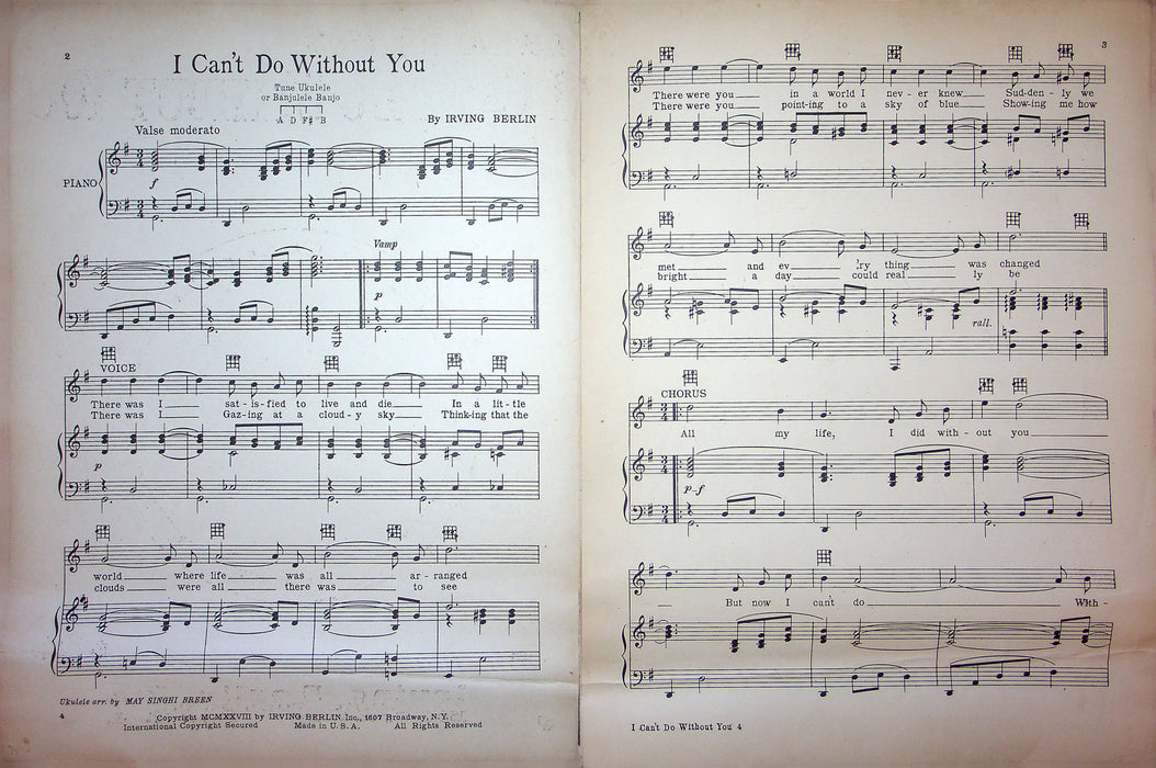 Sheet Music I Can't Do Without You Irving Berlin 1928 Piano Song 2