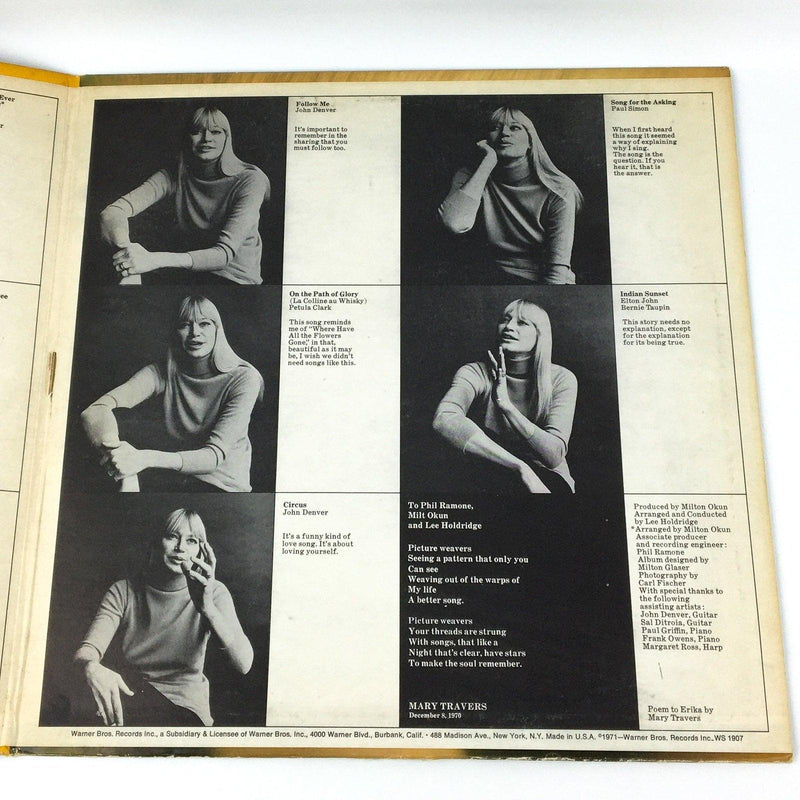 Mary Travers Mary Record 33 RPM LP WS 1907 Warner Bros 1971 Gatefold 4