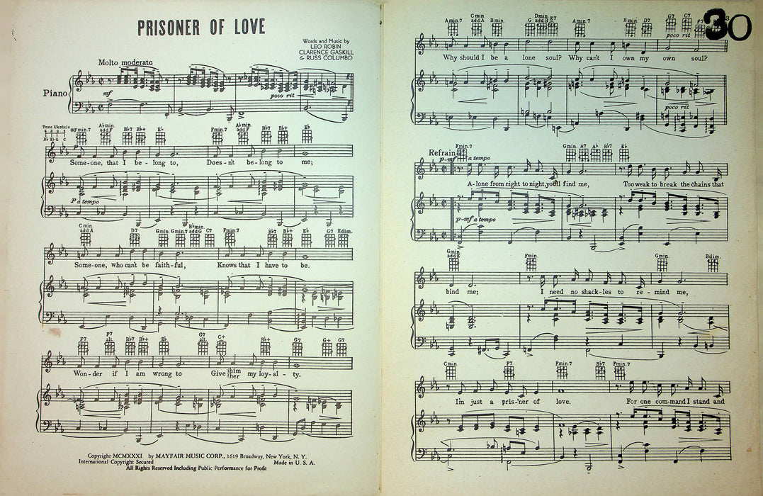 Perry Como Sheet Music Prisoner Of Love Leo Robin Clarence Gaskill Russ Columbo 2