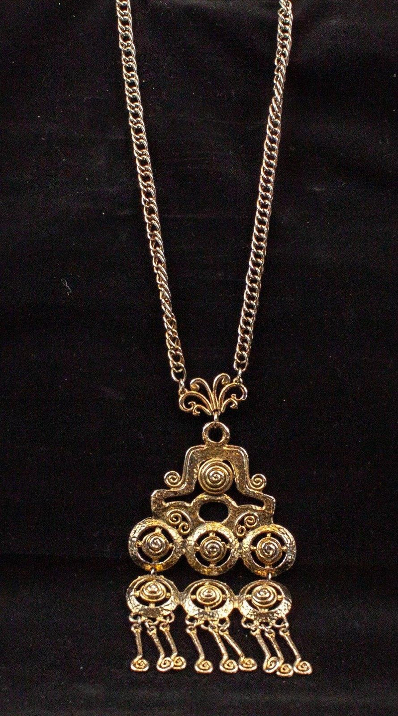 Large Chunky Silver & Gold Tone Necklace: BOHO / Mayan Abstract Dangle | USED 2