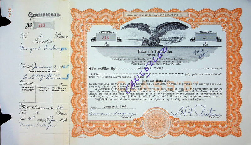Reiter Dairy Company Stock Certificate Bond Scripophilly Akron Ohio 1965 No 214