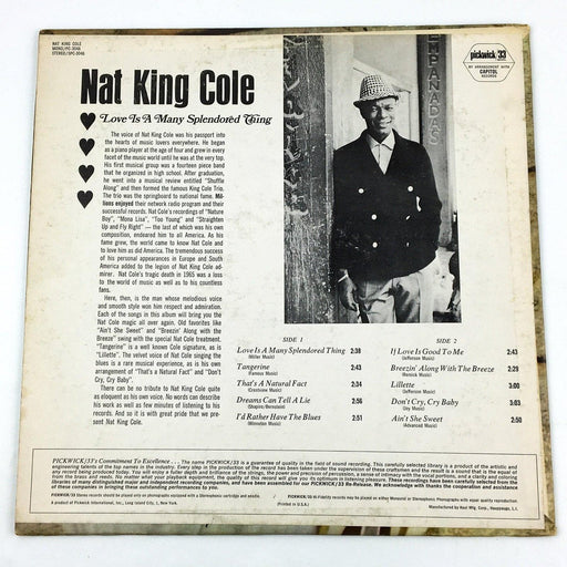 Nat King Cole Love Is A Many Splendored Thing Record 33 RPM LP Pickwick 1966 2