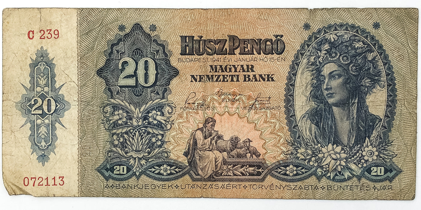 1941 Hungary 20 Husz Pengo Banknote Budapest Europe Currency WW2 Circulated