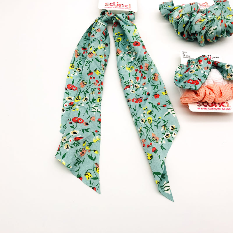 5-Piece Scunci Scrunchies Scarves Hair Ties Green Floral Wild Flowers Summer