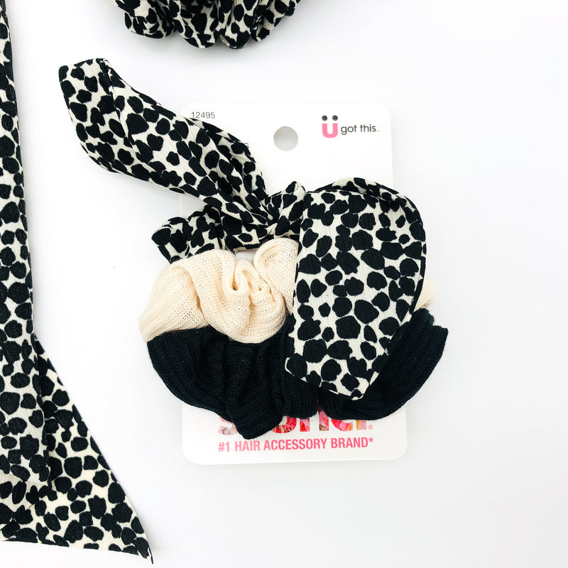 5-Piece Scunci Scrunchies Scarf Hair Ties Lot Black Leopard Print Lightweight