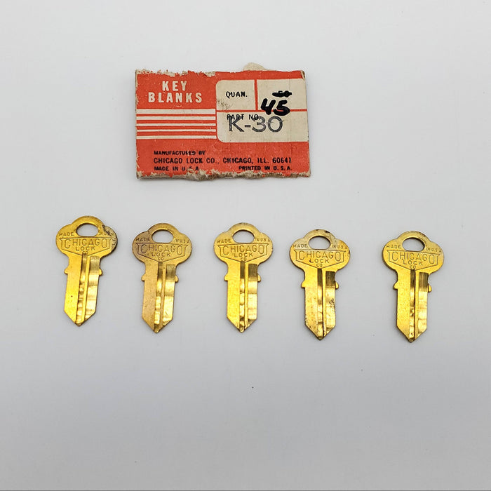 5x Chicago Lock Co. K-30 Key Blanks Off Center Left Brass USA Made NOS