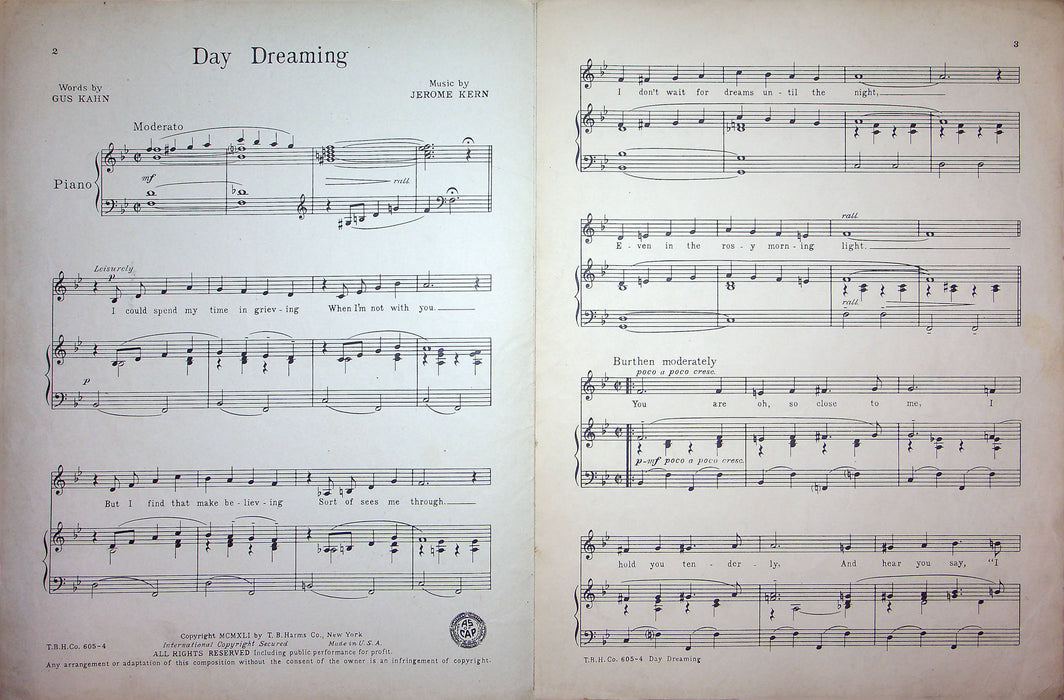 Sheet Music Day Dreaming Bing Crosby Gus Kahn Jerome Kern 1941 WW2 Piano Song 2