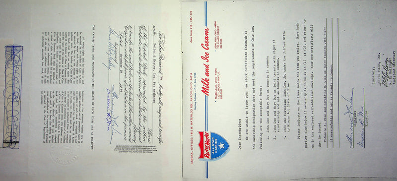 Reiter Dairy Company Stock Certificate Bond Scripophilly Akron Ohio 1968 No 344