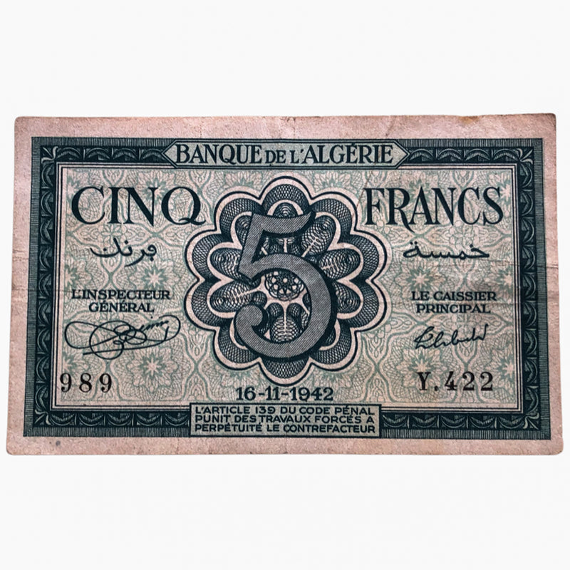 WW2 Cinq 5 Francs Banque de L Algerie Currency Bank Note Banknote 16-11-1942