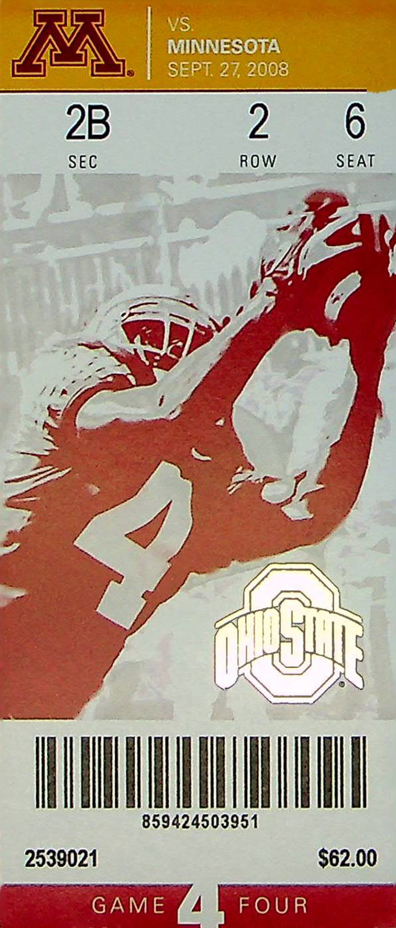 Buckeye OSU Football Game Ticket Stub Sep 2008 Vs. Minnesota Golden Gopher Seat6