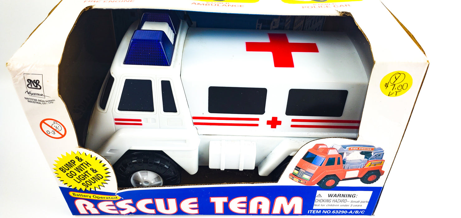 Battery Operated Rescue Team Ambulance Toy 9" Bump & Go w/ Light & Sound NEW