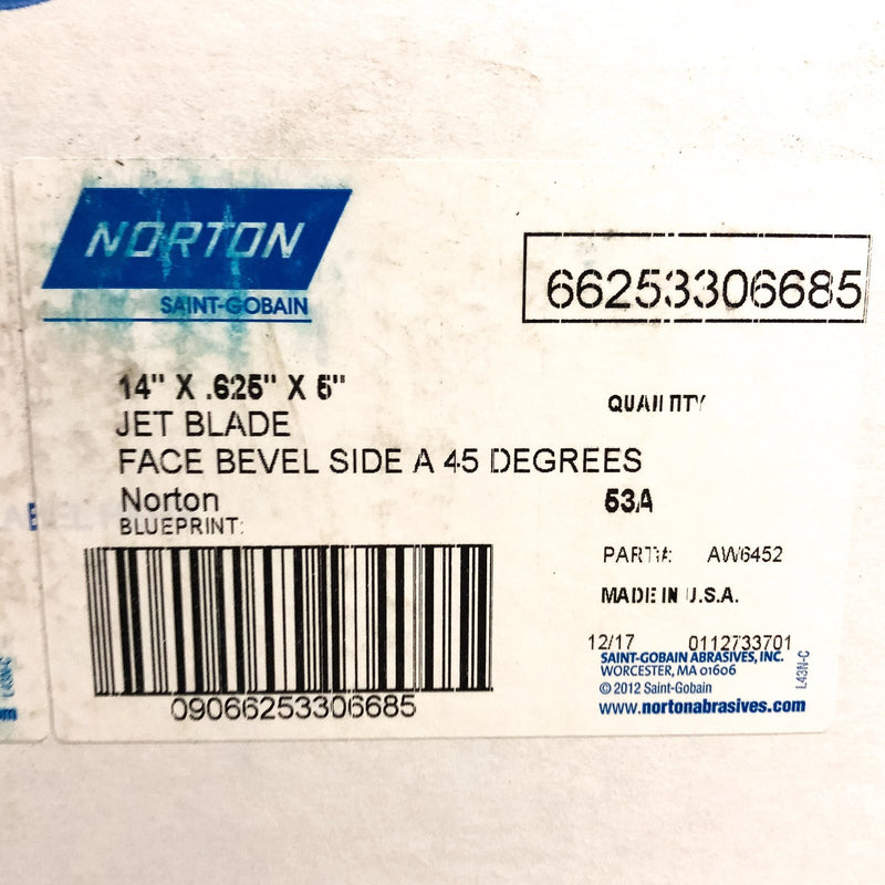 Grinding Wheel 14" Aluminum Oxide 5" Arbor Cylindrical .625" Norton 53A80-18VJN 10