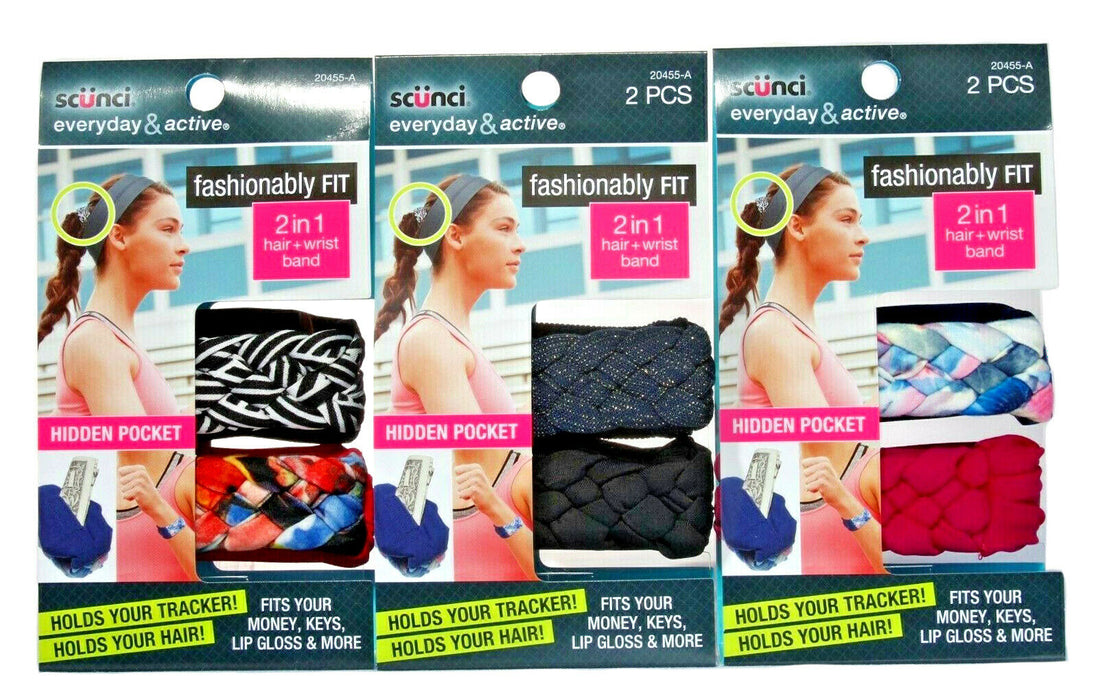 6-pcs Scunci Wrist Band Hair Tie Ponytailer Bracelet Hidden Key Pocket 20455-A