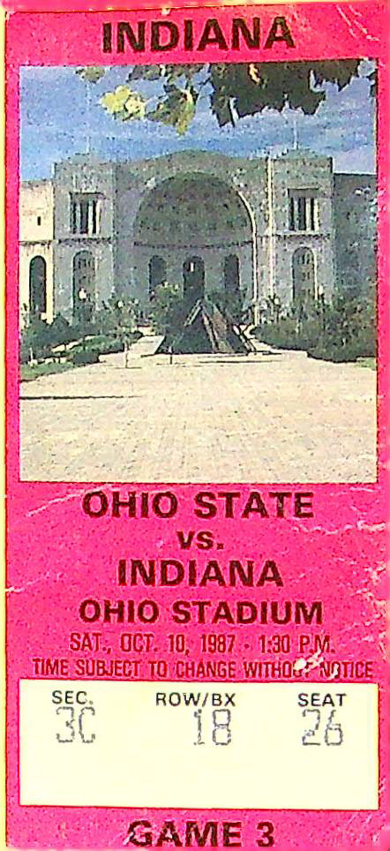 Ohio State Buckeye Football Game Ticket Stub Oct 1987 Vs. Indiana Hoosiers OSU