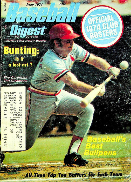 Baseball Digest Magazine May 1974 Ted Sizemore Cardinals Bunting Club Rosters