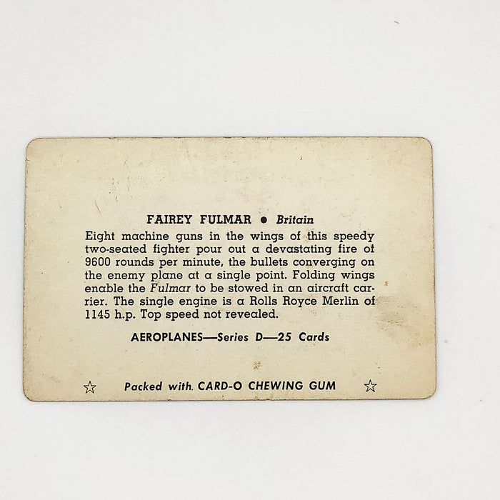Card-O Chewing Gum Airplane Cards Fairey Fulmer Series D Britain World War 2 7
