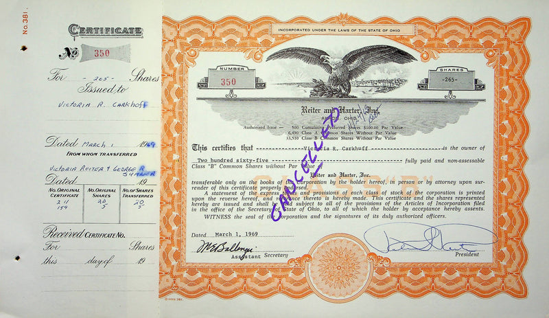 Reiter Dairy Company Stock Certificate Bond Scripophilly Akron Ohio 1969 No 350