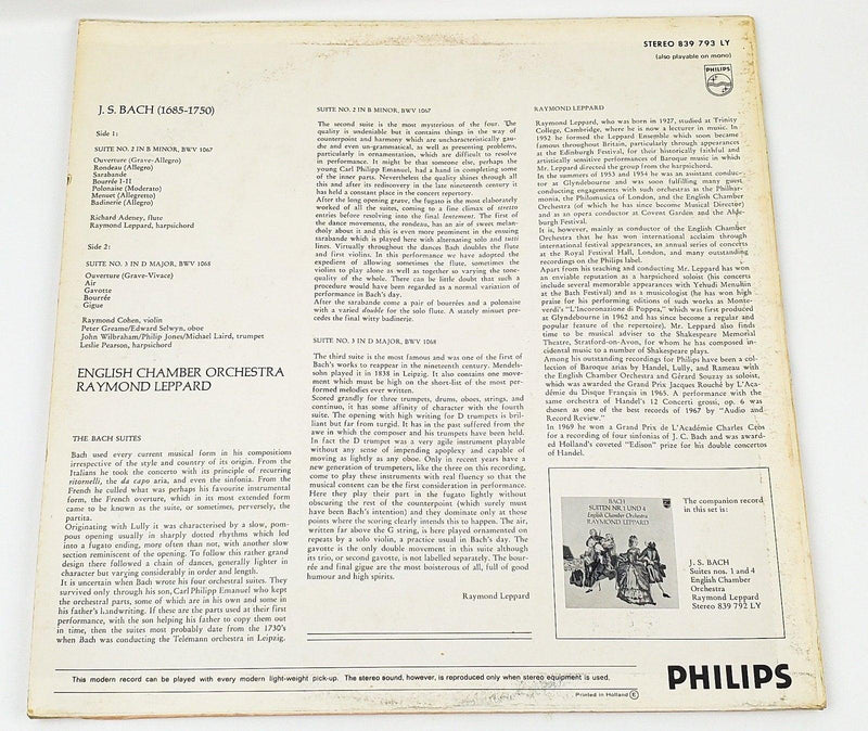 Raymond Leppard Bach Suiten NR. 2 UND 3 Record 33 RPM LP 839 793 LY Philips 1969 2