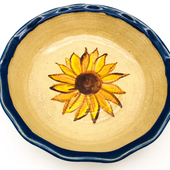 Heart Chip Dip Dish And Bowl Sunflower Stoneware Vintage Blue Rim Hand Painted