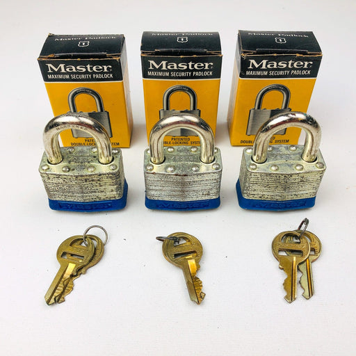 3ct Vintage No 1 Master Lock Padlock 1-1/4" Shackle New NOS Keyed Alike 3735 1