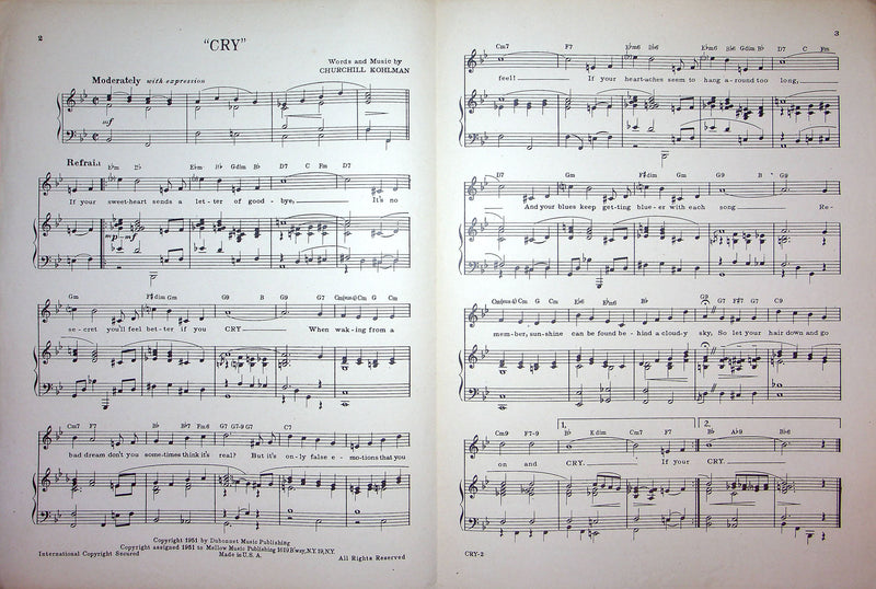 Sheet Music Cry Churchill Kohlman Sang By Eileen Barton Coral Record 1951 2