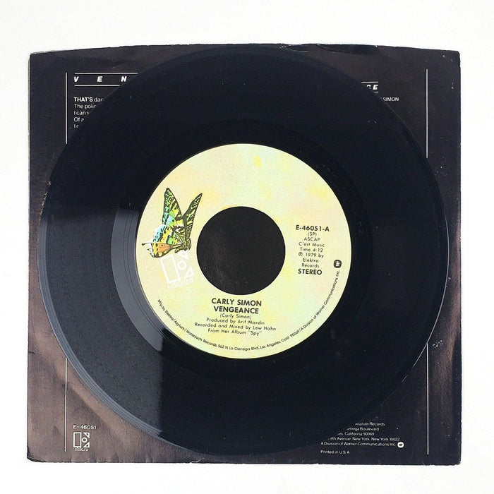 Carly Simon Vengeance Record 45 RPM Single E-46051 Elektra Records 1979 3