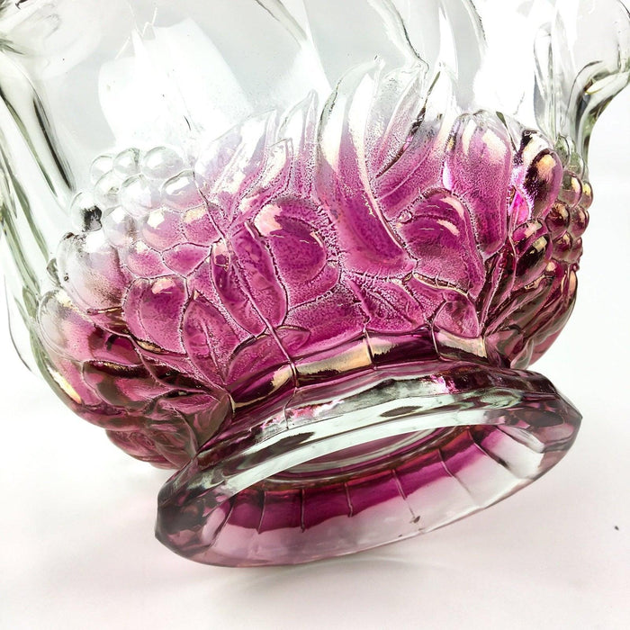 Vintage Glass Basket Clear Iridescent Cranberry Red Fruit Pattern Pressed 11" 11