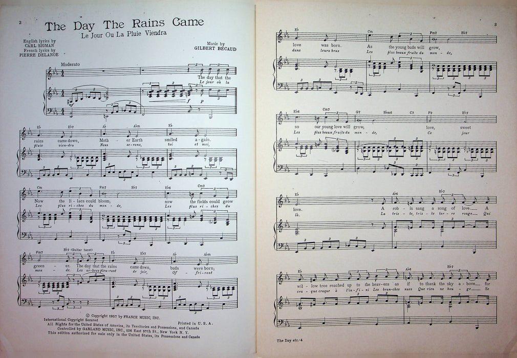 The Day The Rains Came Sheet Music Carl Sigman Gilbert Becaud Vocal Piano Morgan 3