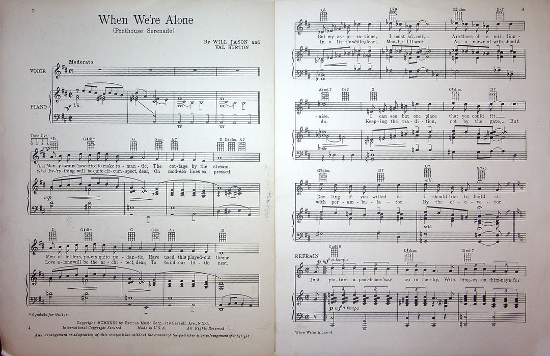 Sheet Music When We're Alone Will Jason Val Burton 1931 Penthouse Serenade Piano 2