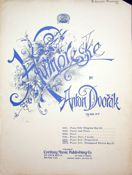 Sheet Music Humoreske Anton Dvorak M Greenwald Veatrice Crocker 1916 Century 1