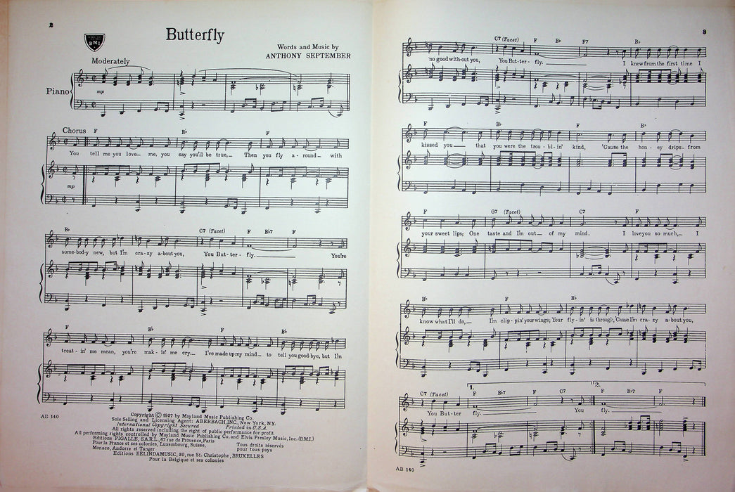 Butterfly Sheet Music Anthony September Sung by Charlie Gracie 1957 Vocal Piano 3