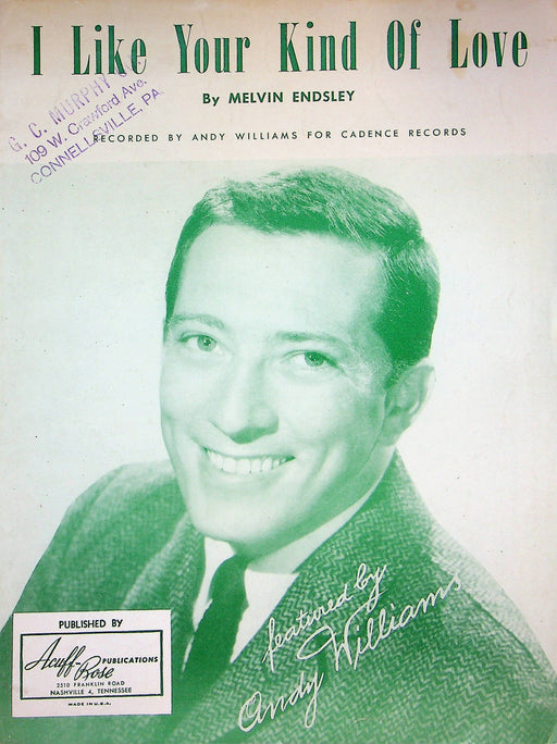 I Like Your Kind of Love Sheet Music Melvin Endsley Piano 1957 Andy Williams 1