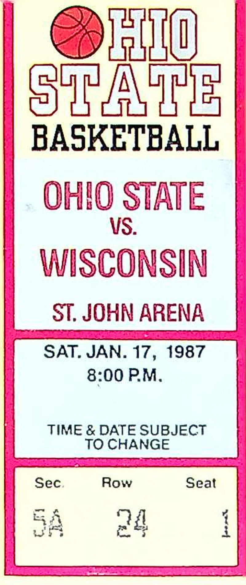 OSU Buckeye Mens Basketball Game Ticket Stub Jan 1987 Vs. Wisconsin Badgers