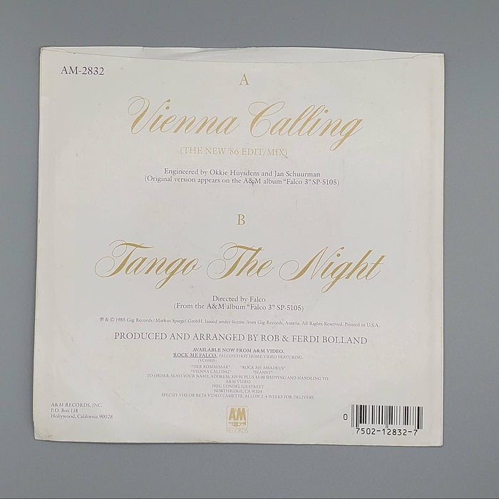 Falco Vienna Calling The New '86 Edit / Mix Single Record A&M 1986 AM-2832 2