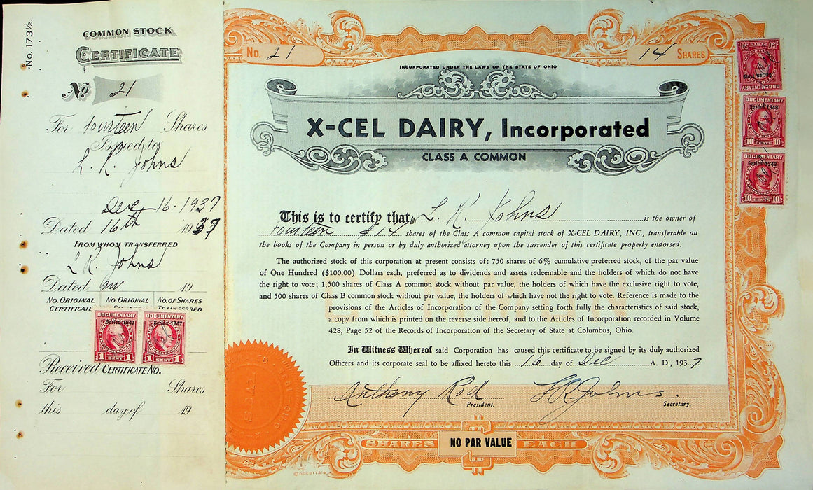 X-Cel Dairy Company Stock Certificate Bond Scripophilly Akron Ohio 1937 No 21