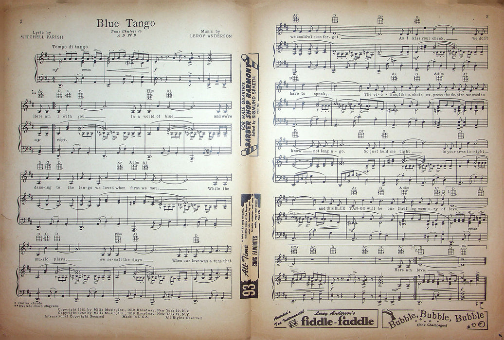 Sheet Music Blue Tango Leroy Anderson Mitchell Parish 1952 Mills Music Corp 2