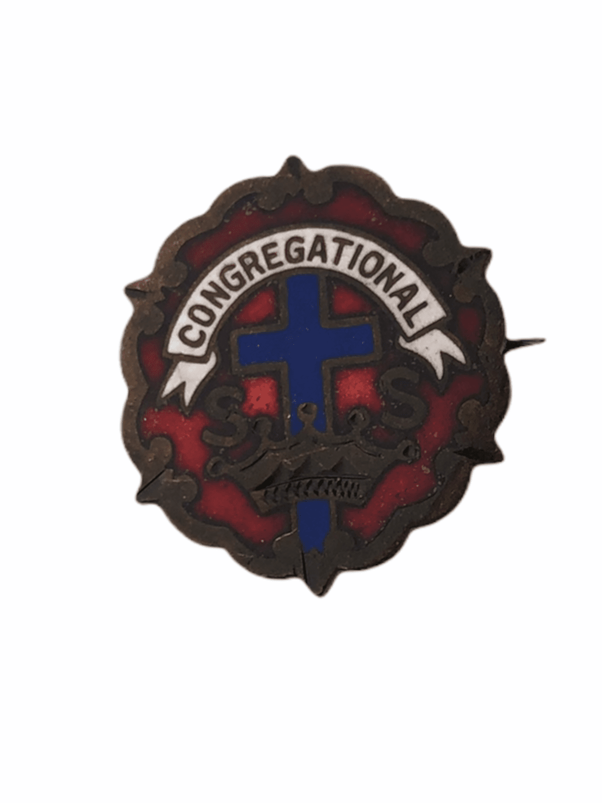 Bronze Congregational Lapel Pin Sunday School Little System Cross Crown Enamel 1
