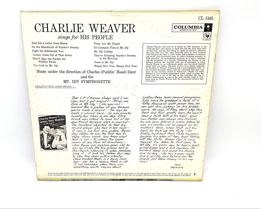 Cliff Arquette Charlie Weaver Sings For His People LP Record Columbia 1959 2