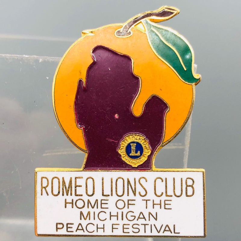 Vintage Romeo Lions Club Lapel Pin Pinback Michigan Peach Festival State Outline