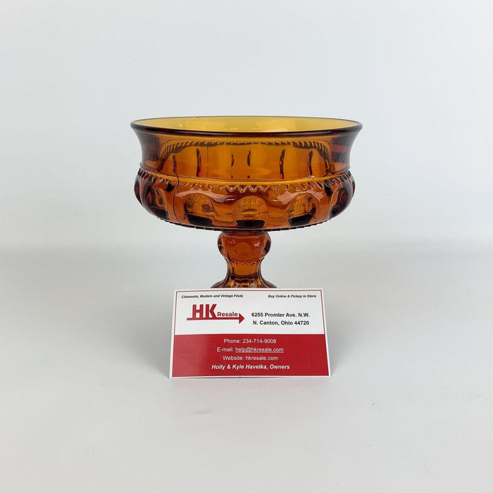 Indiana Glass Compote Candy Dish Kings Crown Amber Orange Pedestal 5.25" Tall 6