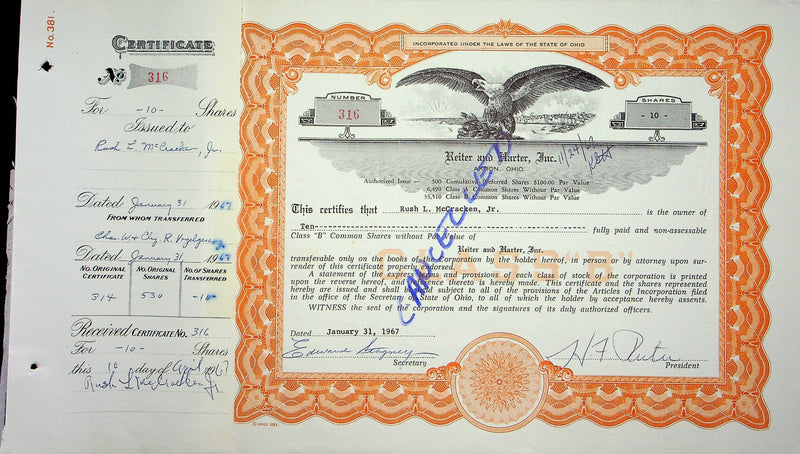 Reiter Dairy Company Stock Certificate Bond Scripophilly Akron Ohio 1967 No 316
