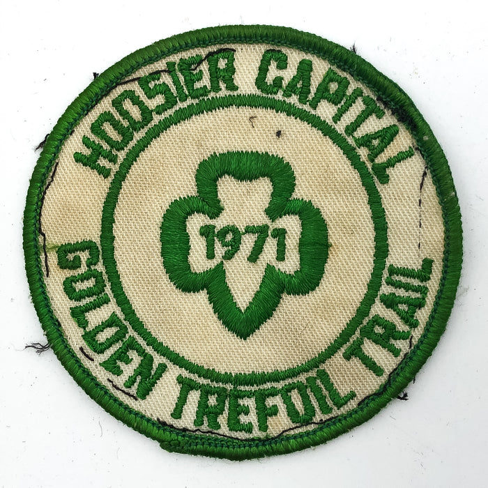 Vintage Girl Scout Patch Hoosier Capital Golden Trefoil Trail 1971 Green Clover