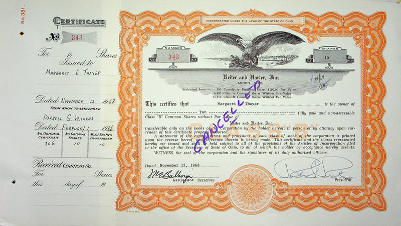 Reiter Dairy Company Stock Certificate Bond Scripophilly Akron Ohio 1968 No 343
