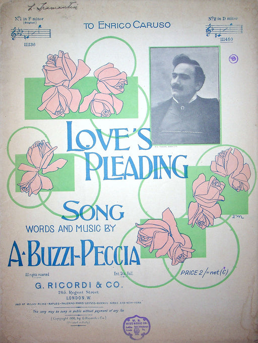 Sheet Music Loves Pleading Song A Buzzi Peccia 1906 G Ricordi Co Enrico Caruso 1