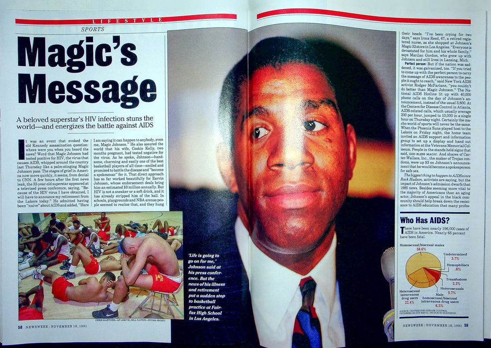 Newsweek Magazine November 18 1991 Magic Johnson Aids Epidemic LA Lakers NBA