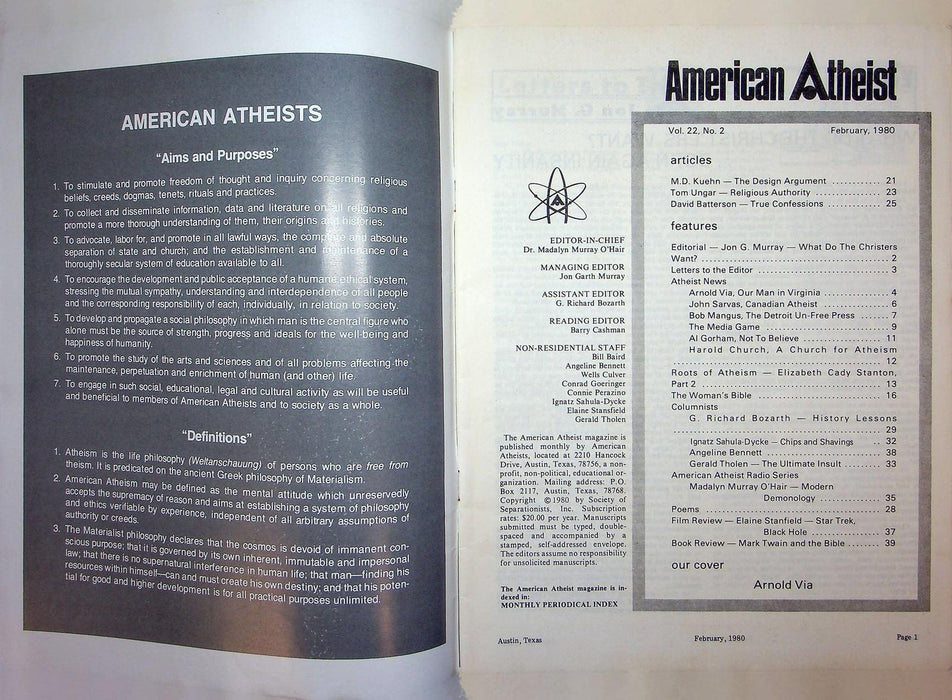 American Atheist Magazine February 1980 Arnold Via Bob Mangus John Sarvas