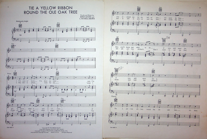 Sheet Music Tie A Yellow Ribbon Round The Ole Oak Tree Irwin Levine R Brown 1973 2