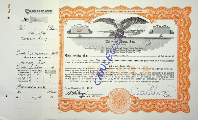 Reiter Dairy Company Stock Certificate Bond Scripophilly Akron Ohio 1968 No 337